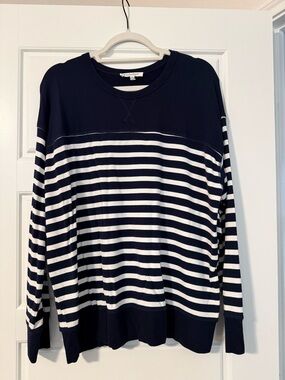 Workshop Republic Clothing Navy and White Striped Crewneck Sweater